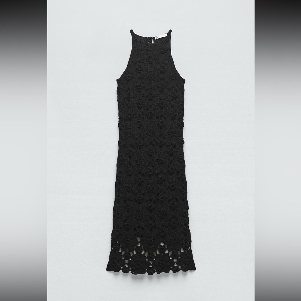 Zara Elegant Black Crochet Knit Midi Dress